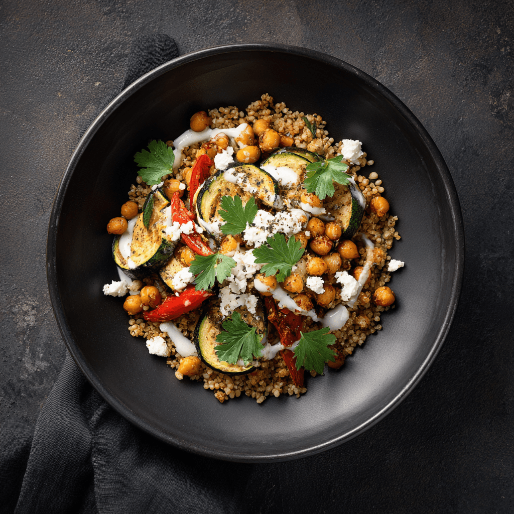 Assiette méditerranéenne chaude, pois chiches rôtis