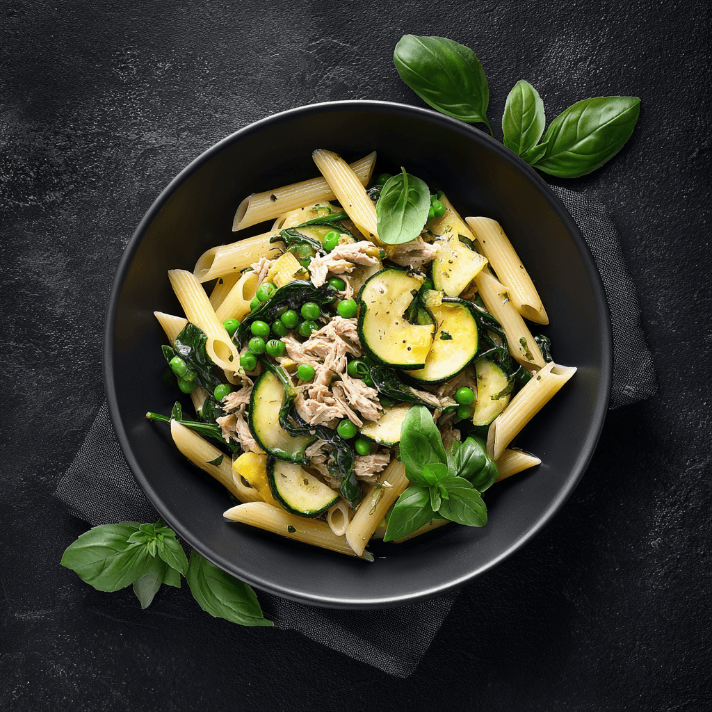 Penne protéinées, thon & légumes verts