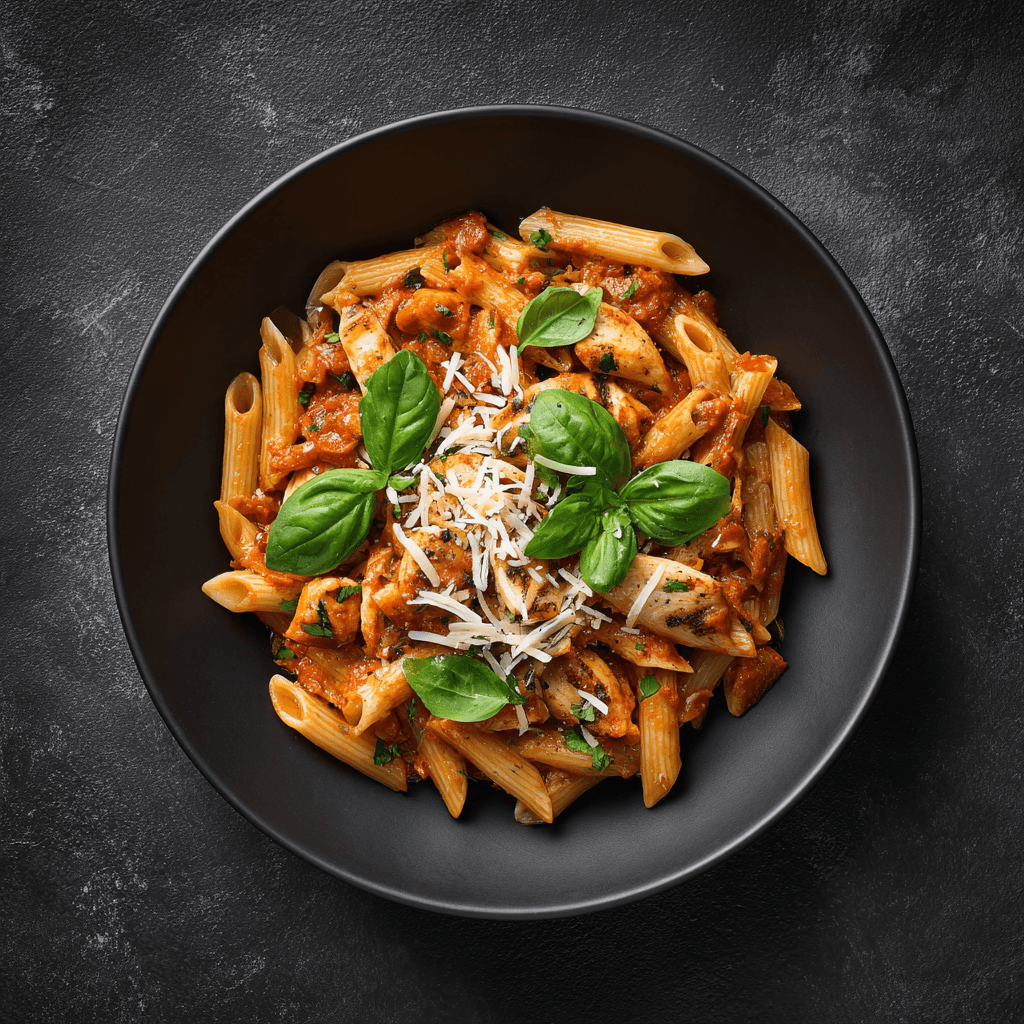 Penne protéinées, poulet & pesto rosso