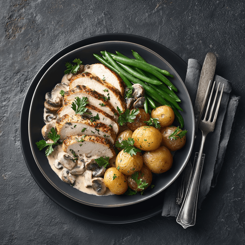 Émincé de dinde, champignons & moutarde