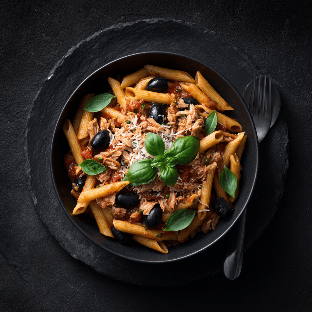 Penne protéinées au thon, façon puttanesca