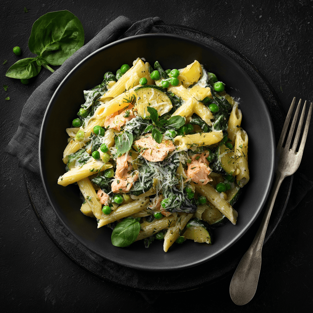 Penne protéinées, saumon & épinards