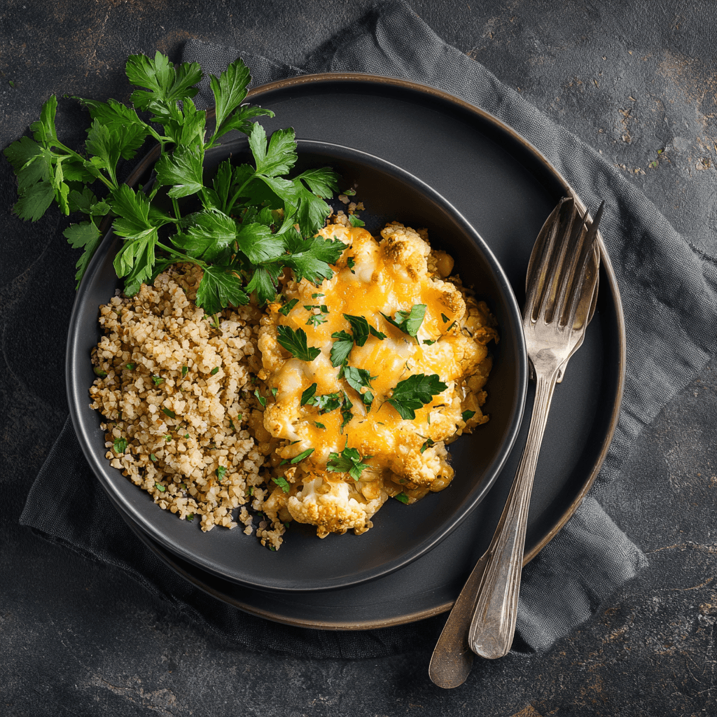 Gratin de chou-fleur, pois chiches & cheddar